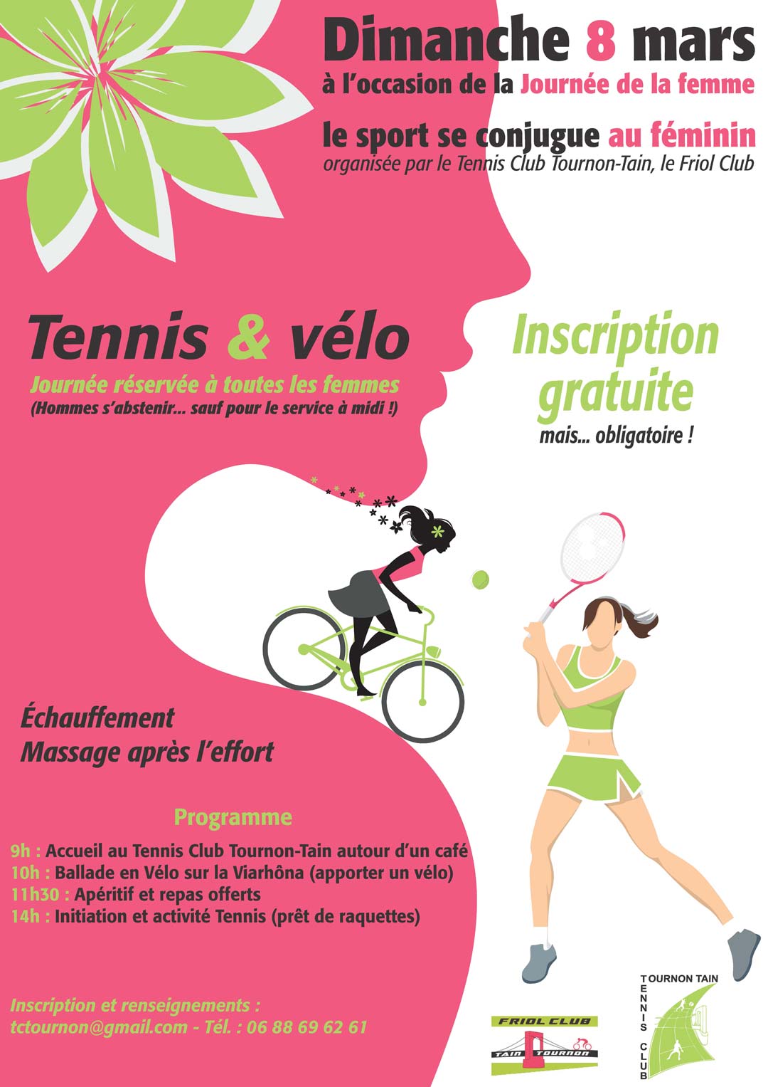 Journée tennis et vélo réservée aux femmes. Dimanche 8 mars.