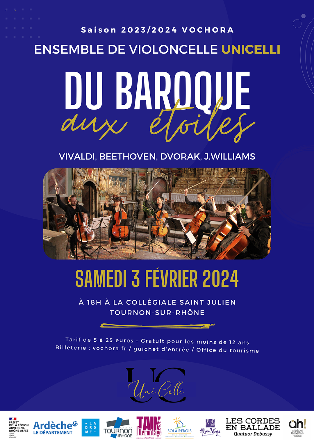 DU BAROQUE AUX ÉTOILES. Ensemble de violoncelles Unicell. Samedi 3 février 2024 - 18h - Collégiale St julien